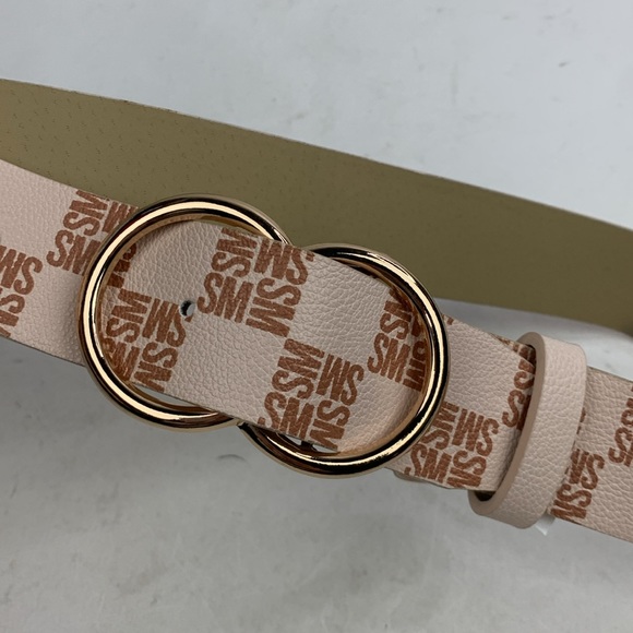 Steve Madden Logo Belt Double ring buckle Size Medium Creme Tan Gold - Picture 6 of 11